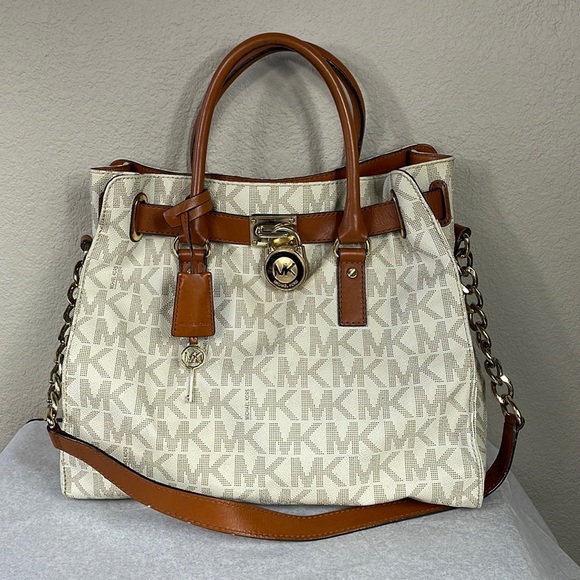 MICHAEL Michael Kors Handbags - Michael Kors Hamilton Lock Large Tote Hand Bag Logo Cream Brown